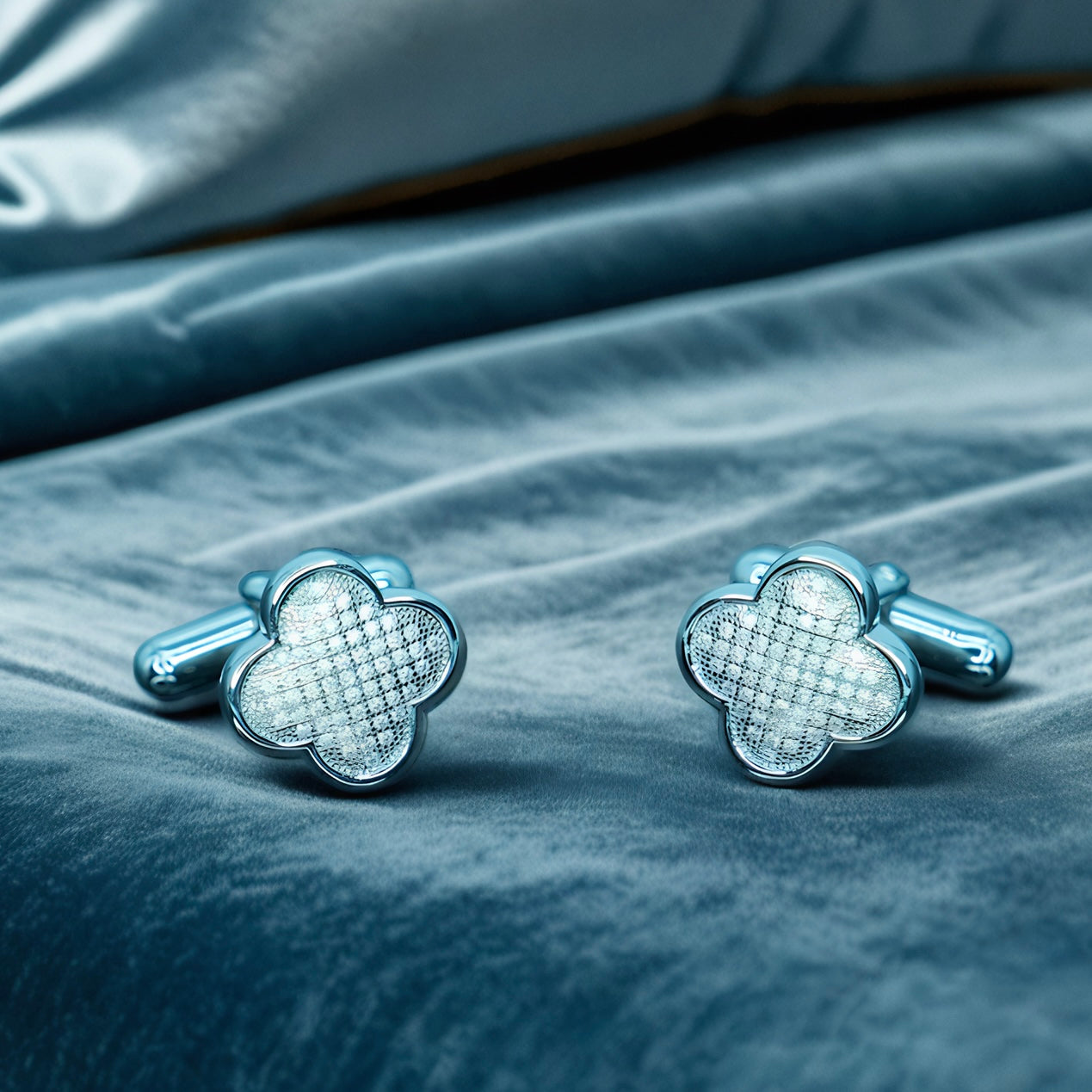 Quatrefoil Cufflinks - Rhodium Plated Sterling Silver with Moissanite Stones.