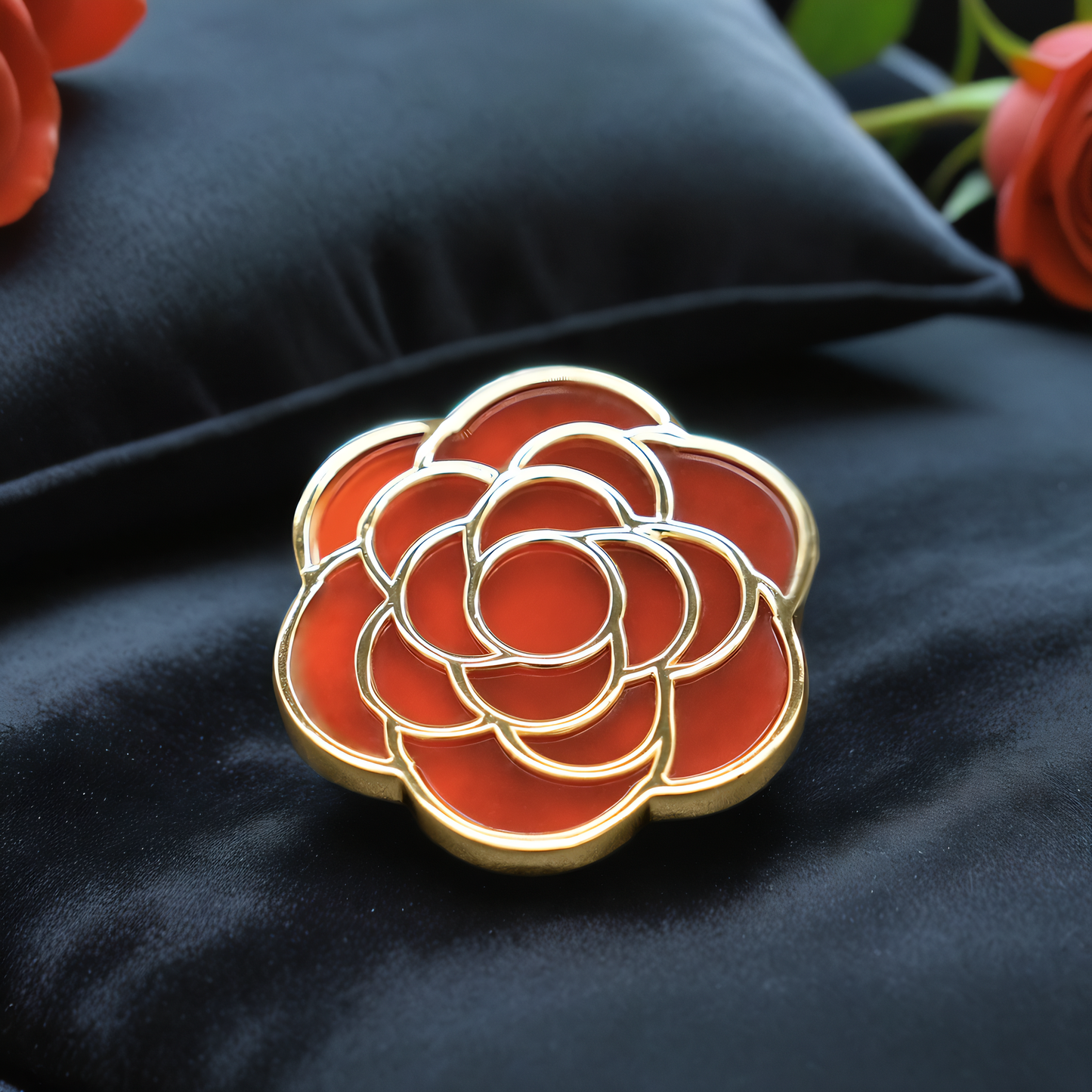 Camellia Brooch - Sterling Silver with Red Onyx Stones