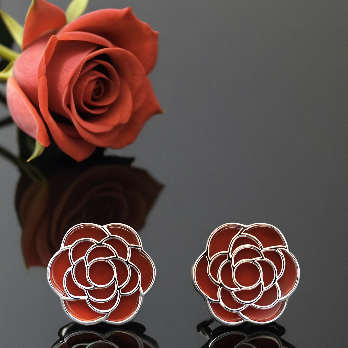 Camellia Set Brooch & Cufflinks in Sterling Silver with Red Onyx Stones