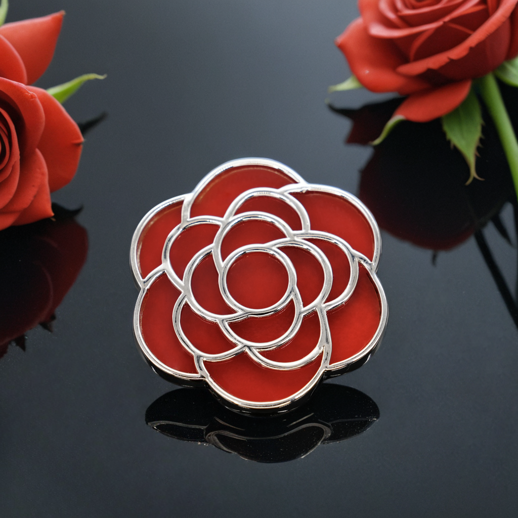Camellia Set Brooch & Cufflinks in Sterling Silver with Red Onyx Stones