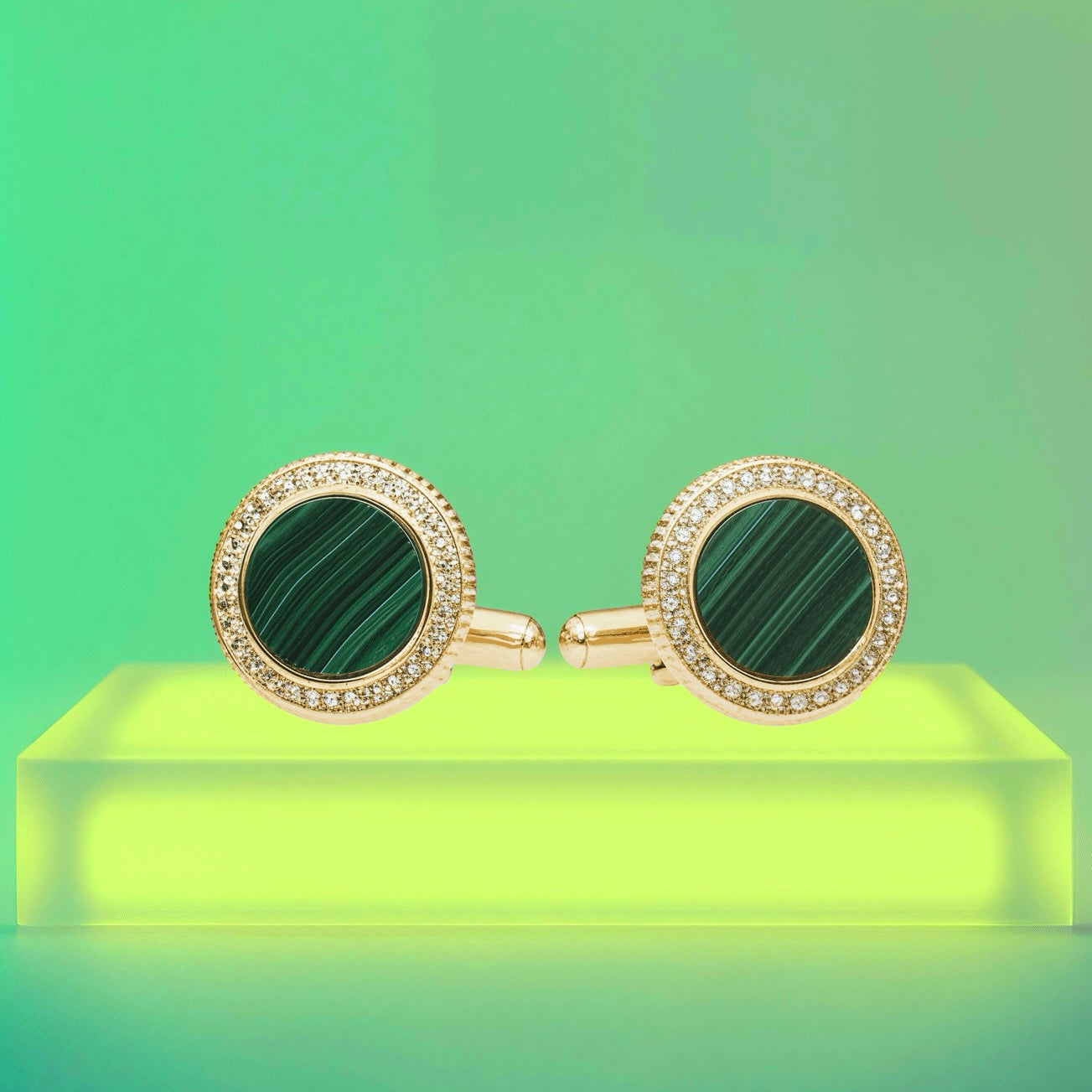 "AURORA HALO" Cufflinks - Malachite & Peridot or Moissanite - Sterling Silver 925 Cufflinks