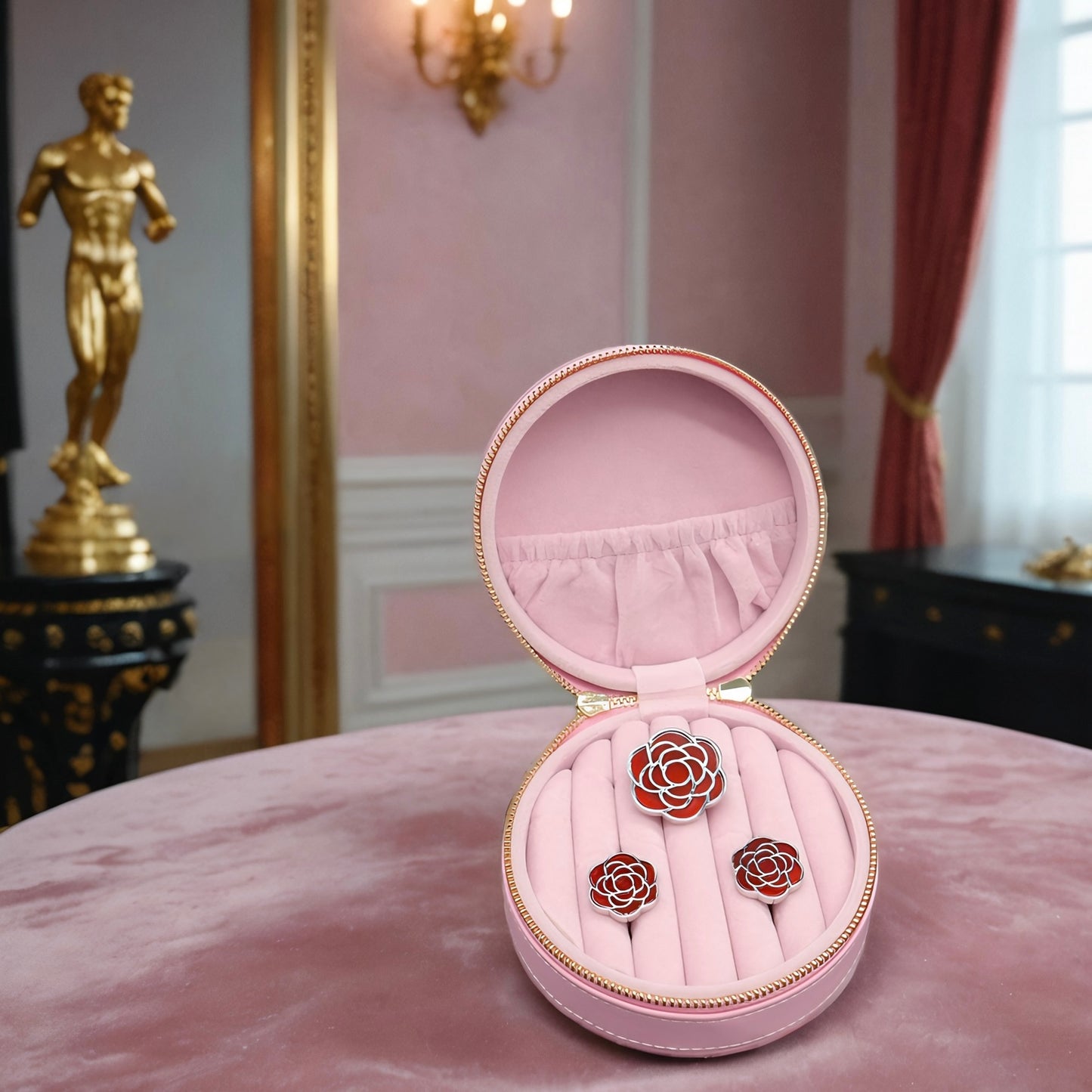 Camellia Set Brooch & Cufflinks in Sterling Silver with Red Onyx Stones
