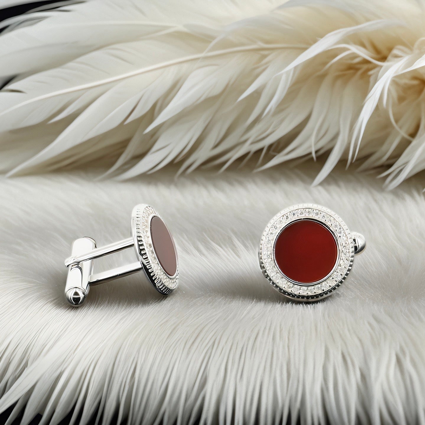 Red Agat & Moissanite Sterling Silver Cufflinks