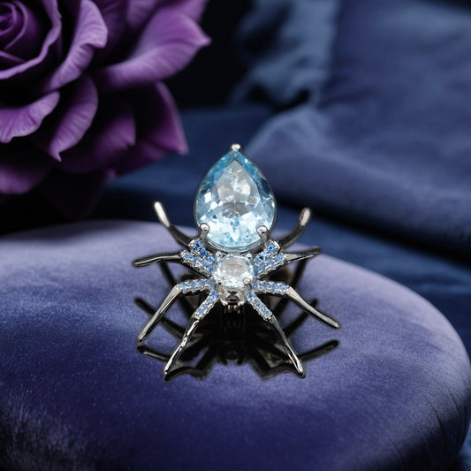 Spider Brooch in Sterling Silver with Blue Topaz