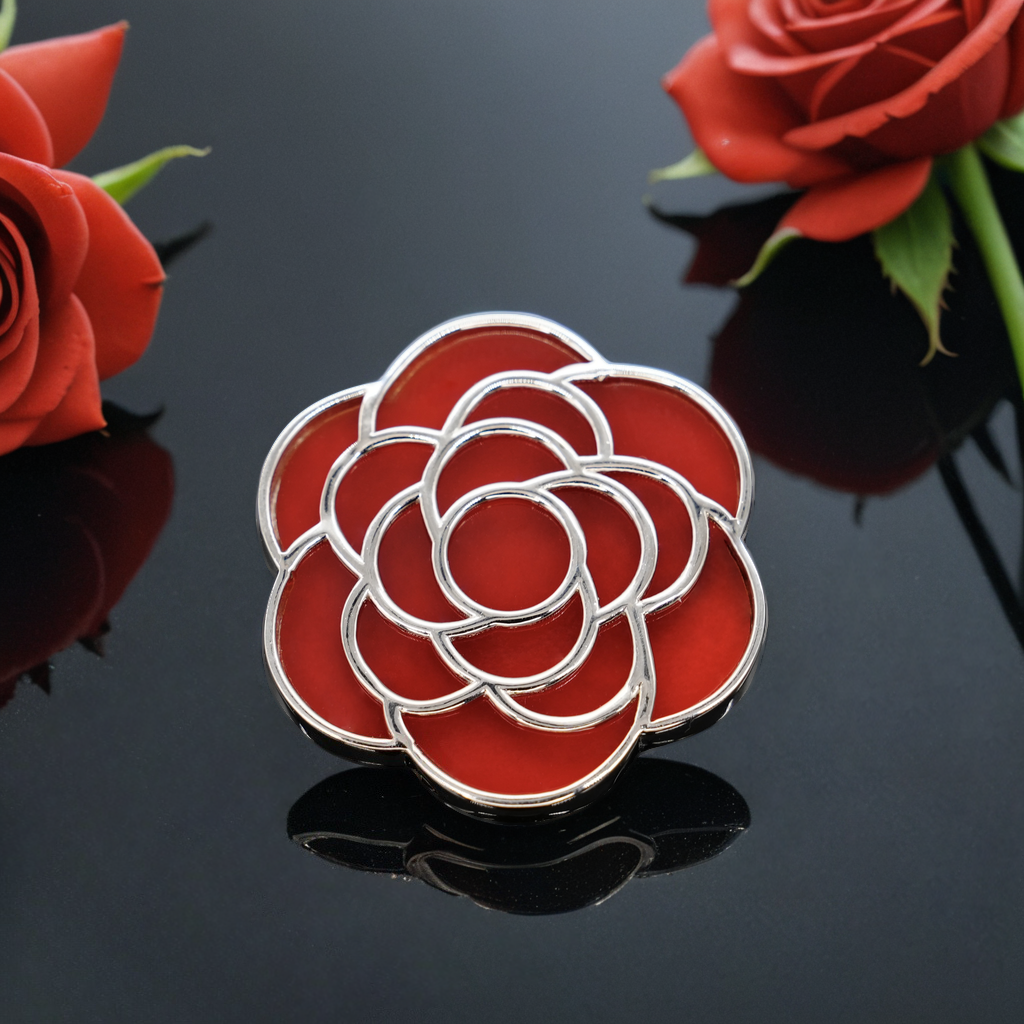 Camellia Brooch - Sterling Silver with Red Onyx Stones