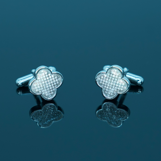 Quatrefoil Cufflinks - Rhodium Plated Sterling Silver with Moissanite Stones.