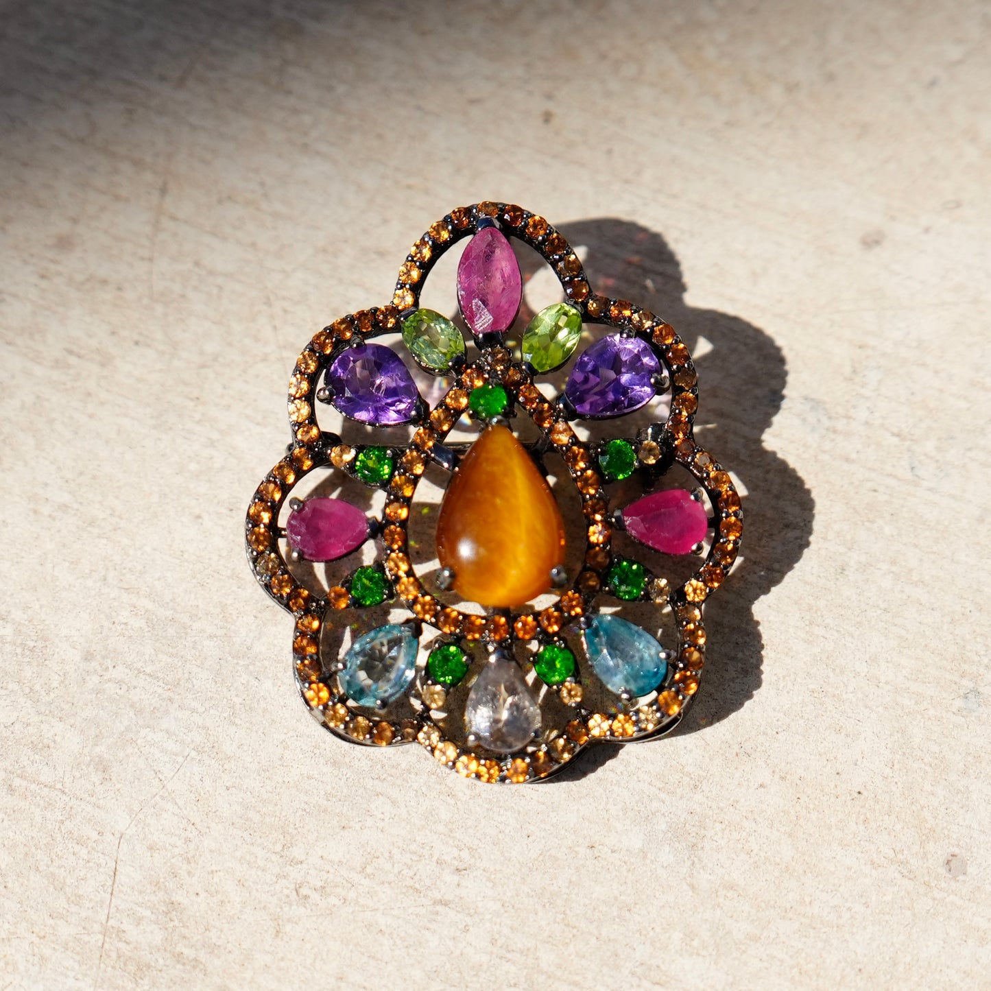 “Jardin d’Harmonie” — Multi-Gemstone Chakra Flower Silver Brooch