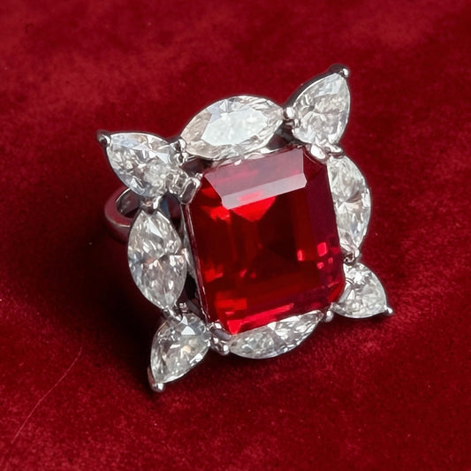 Midnight Cameo Silver Ring  with Red Ruby (LAB) & Moissanite
