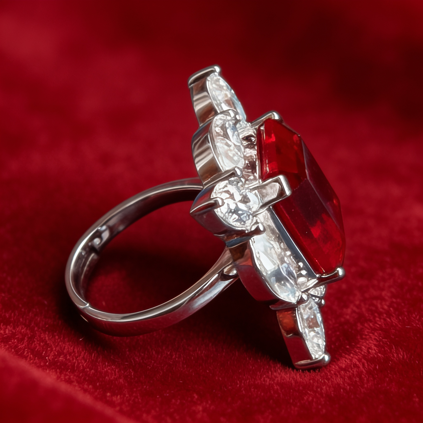 Midnight Cameo Silver Ring  with Red Ruby (LAB) & Moissanite