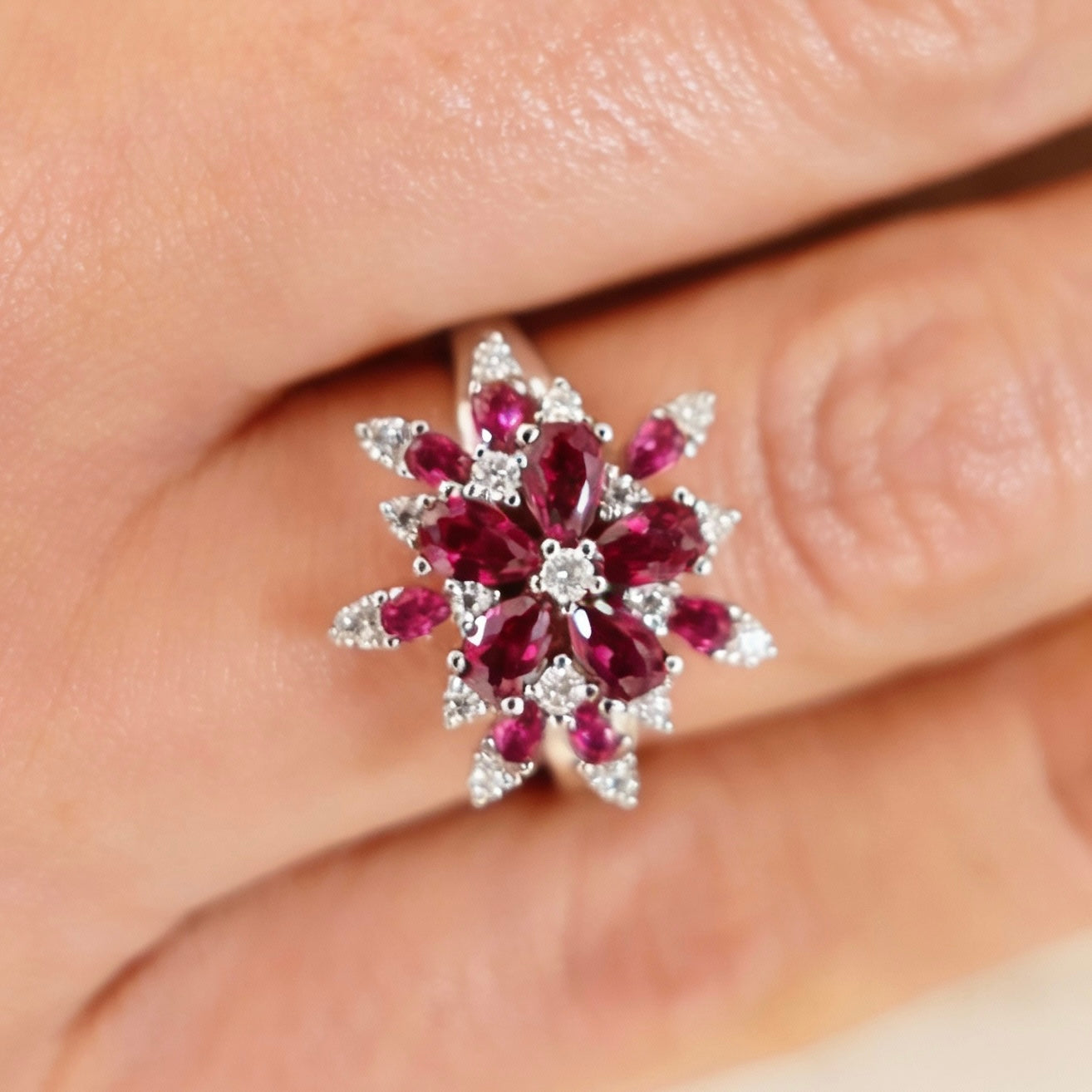 MOONLIT BLOSSOM Ring- Garnet & Moissanite .