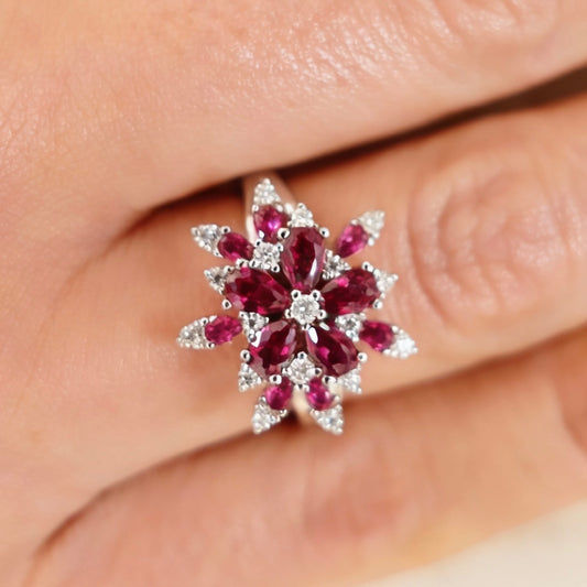 MOONLIT BLOSSOM Ring- Garnet & Moissanite .