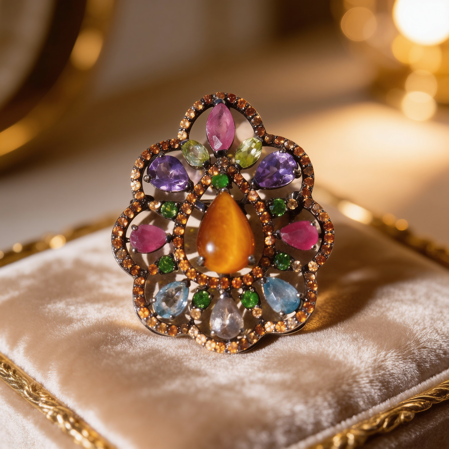 “Jardin d’Harmonie” — Multi-Gemstone Chakra Flower Silver Brooch