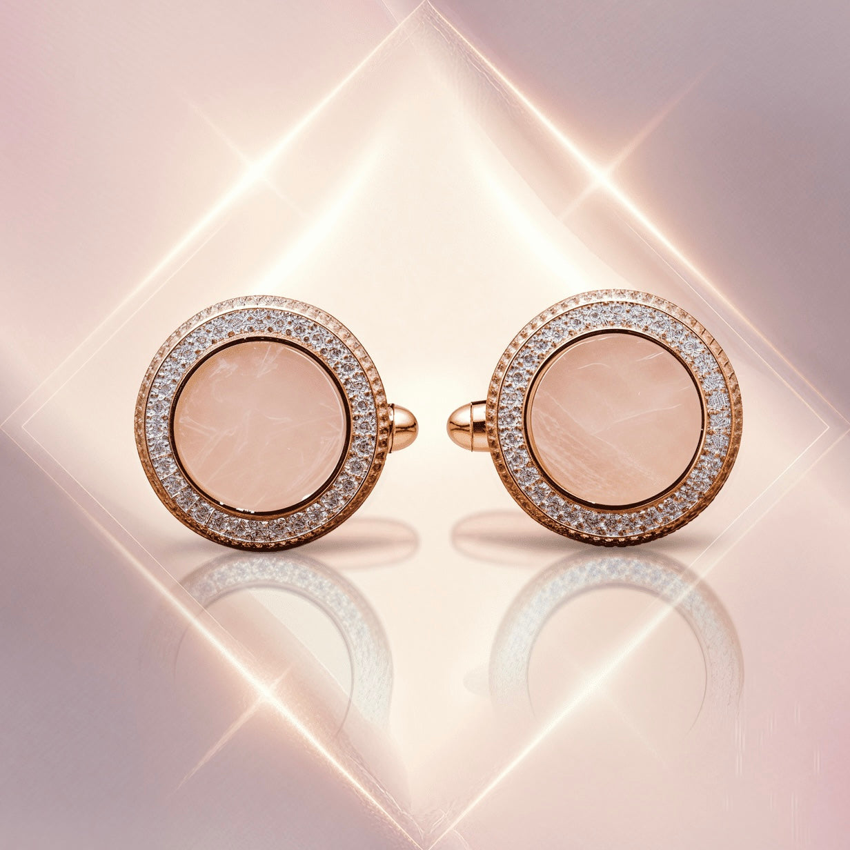 "AURORA HALO" CUFFLINKS Rose Quartz & Moissanite , Sterling Silver 925